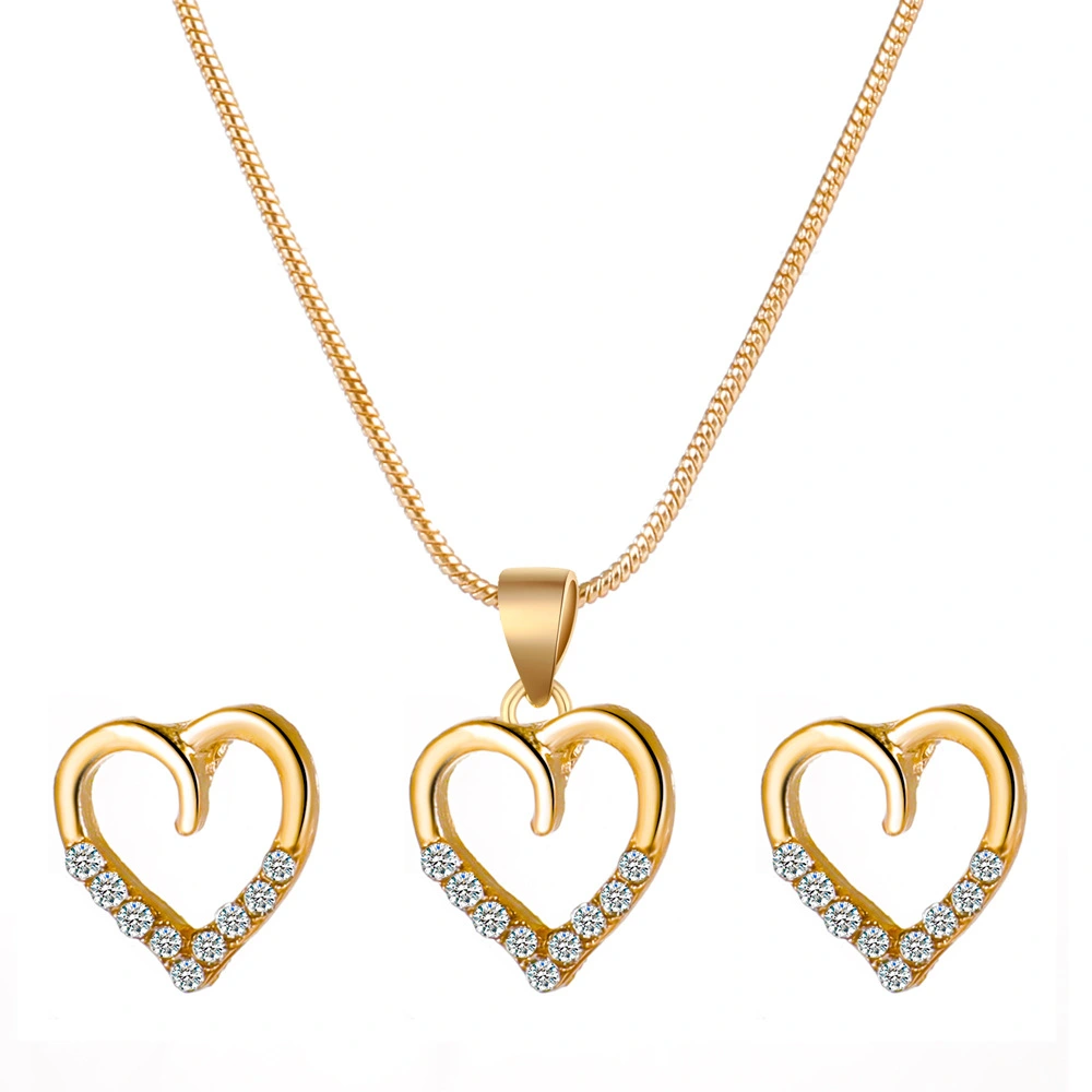 Love Necklace Earrings Set Simple Metal Zircon Peach Heart Sweater Chain