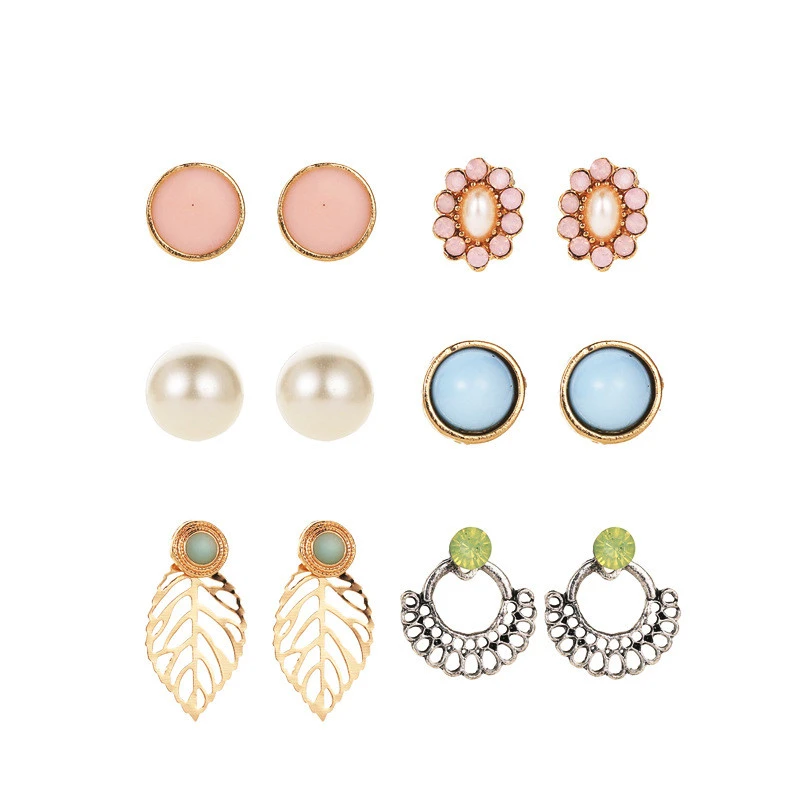 6 Pairs Of Pearl Flower Earrings Set Fashionable  Hollow Leaf Earrings