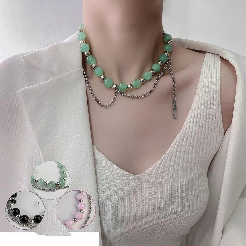 Square Brand Natural Stone Glass Bead Necklace Splicing Chain