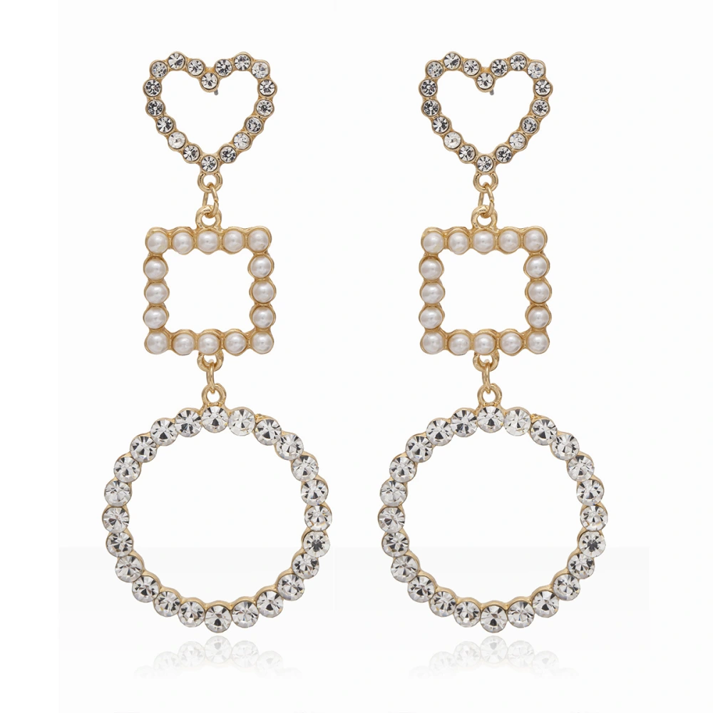 Diamond-studded Pearl Heart-shaped Geometric Stud Earrings