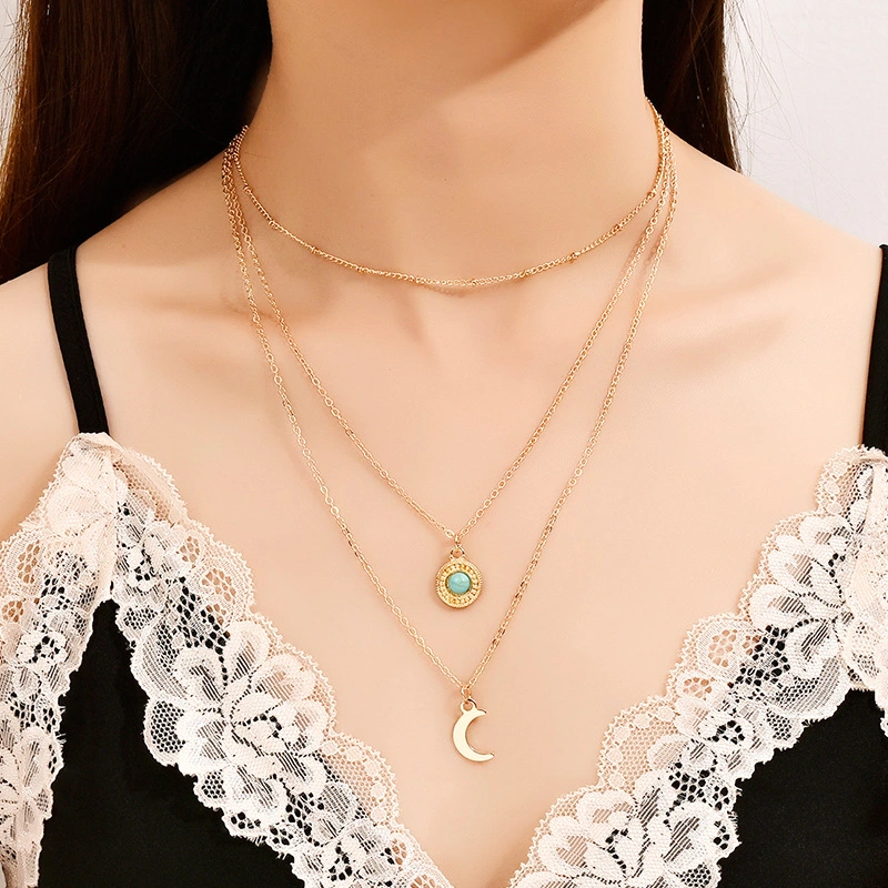 Turquoise Multilayer Female Metal Moon Pendant Necklace