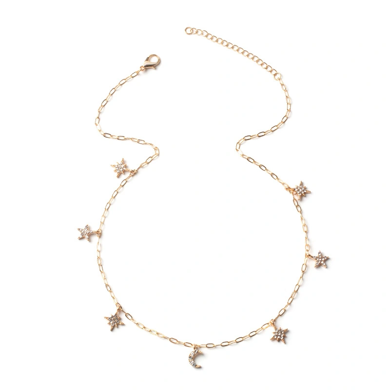 Fashion Gold-plated Crystal Five-pointed Star Moon Necklace