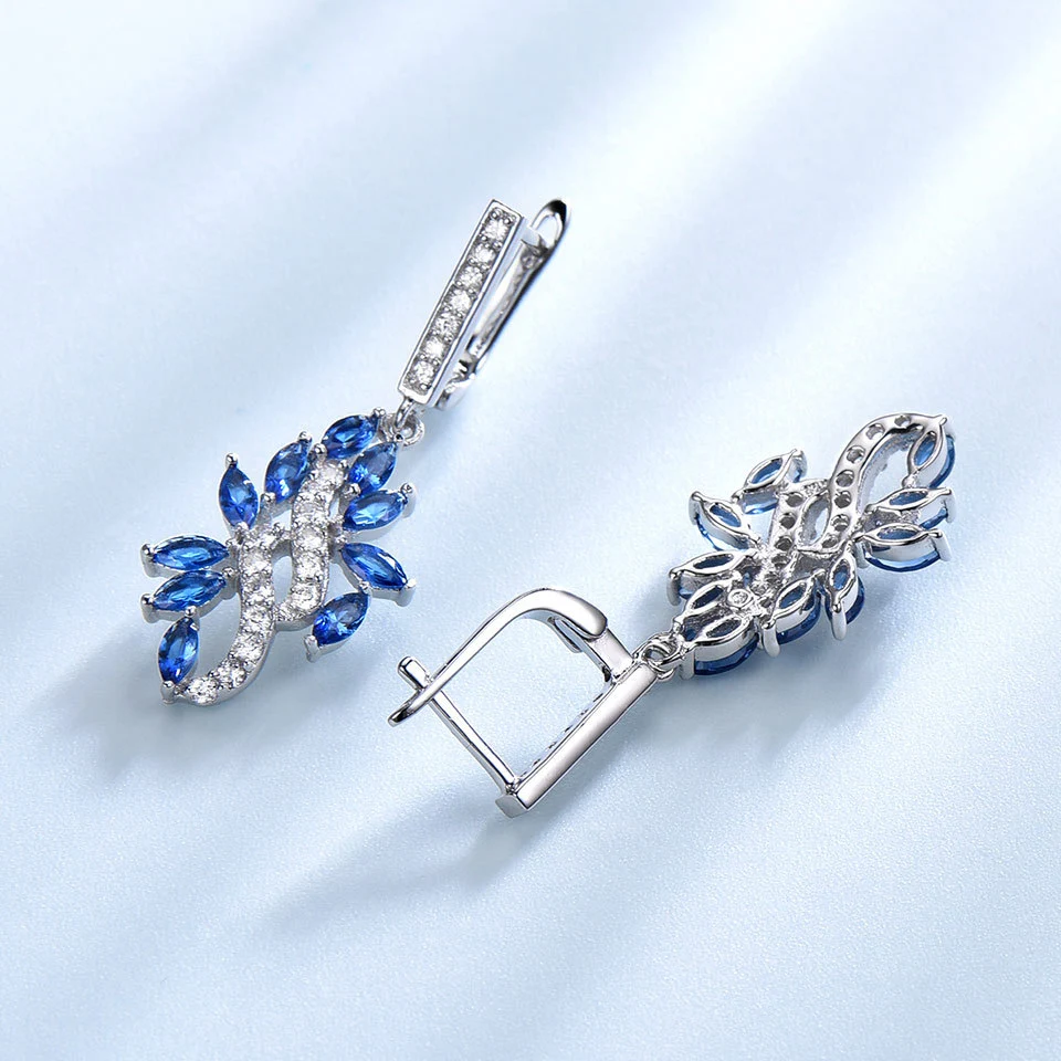 S925 Silver Earrings Micro-set Zircon Leaf Sapphire Pendant Earrings Long Earrings