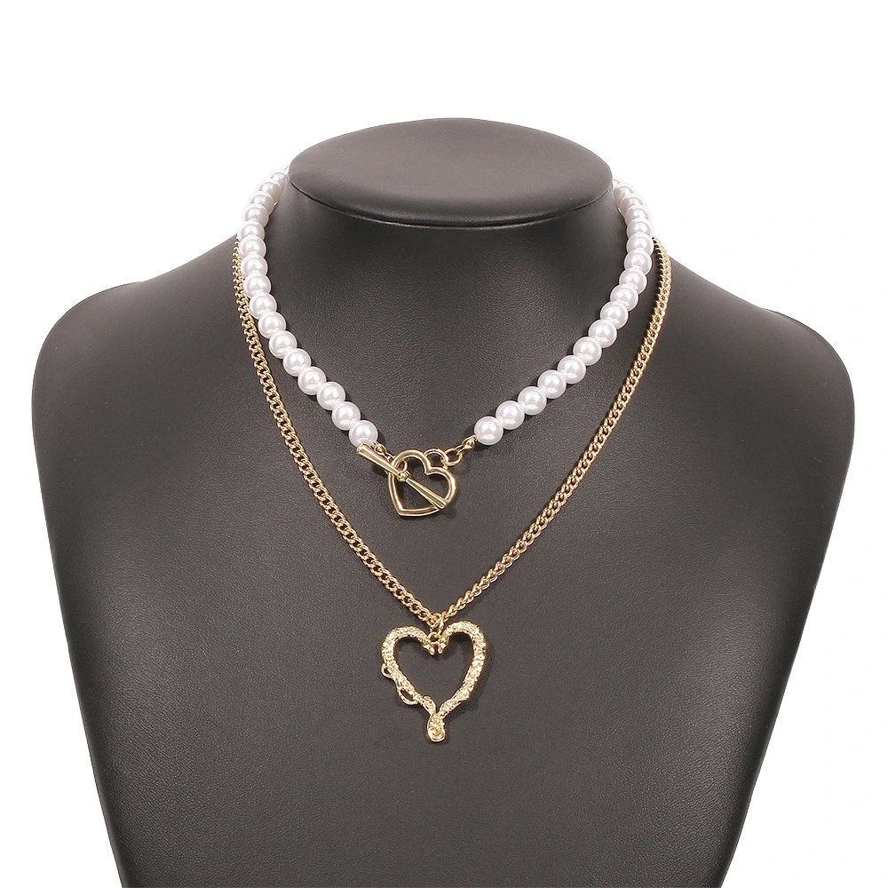 Alloy Imitation Pearl Necklace Love Heart Pendant Clavicle Chain