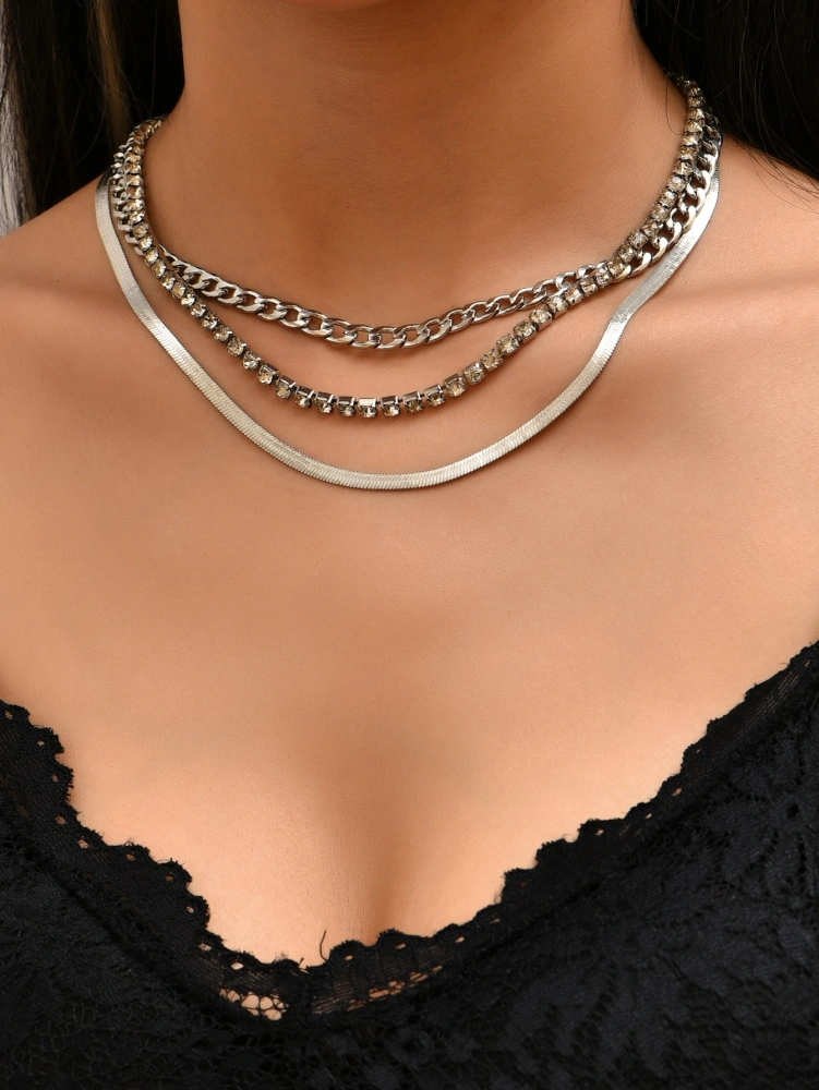 Simple Multi-layer Flat Snake Chain Electroplated Rhinestone Necklace