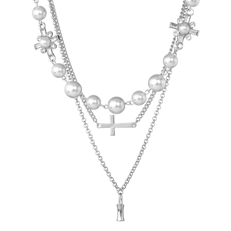 New Personality Simple Style Double-layer Pearl Cross