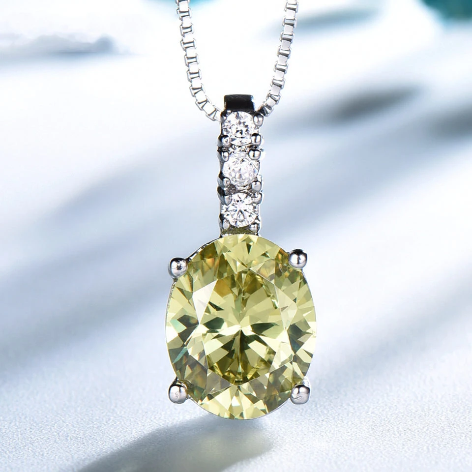 Sterling Silver Vintage Oval Apple Green Zircon Pendant Necklace