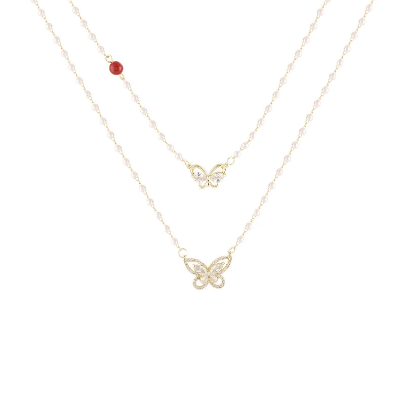 French Butterfly Pearl Double Necklace Female Clavicle Chain