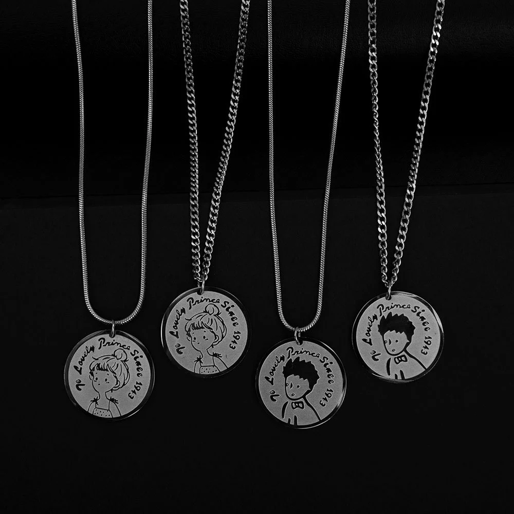 Titanium Steel Hip Hop Little Prince Head Round Medal Coin Pendant Necklace