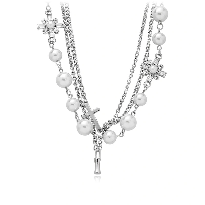 Women's Pearl Cross Layered Multi-layer Necklace