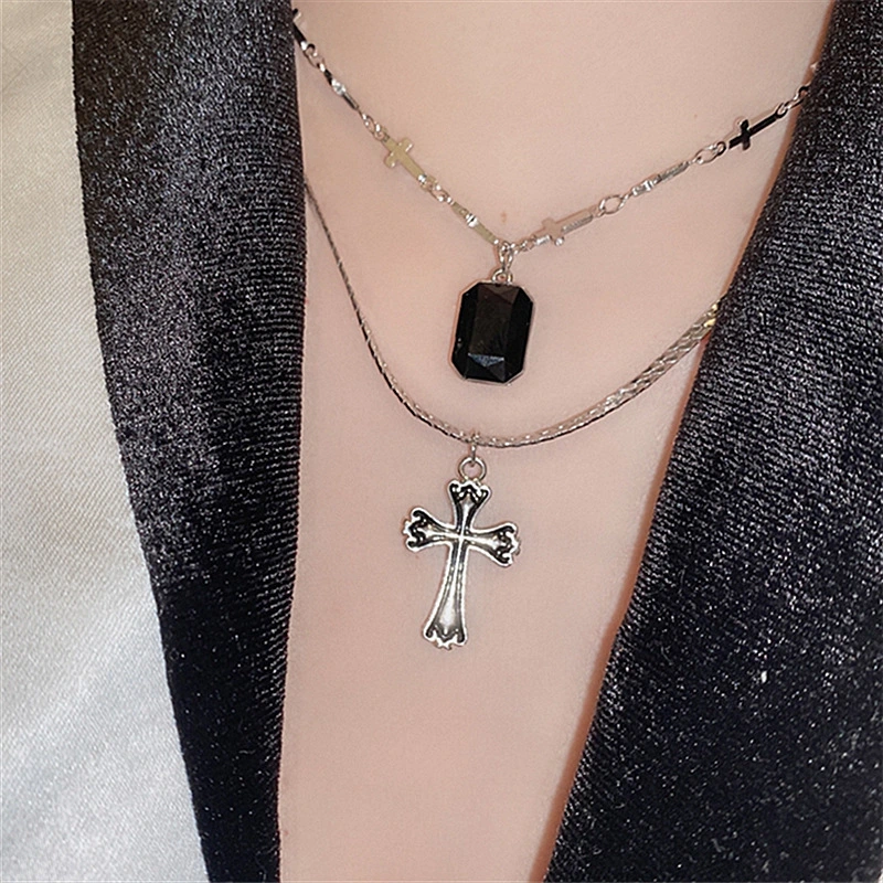 Dark Sweetheart Baroque Cross Pendant Black Rhinestone Double Layered Necklace Clavicle Chain Two Sets Of Chains