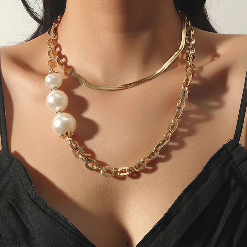 Fashion Long Necklace Double Pearl Chain Ladies Exaggerated Snake Bone Chain Necklace