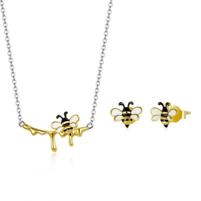 Real Gold Plated Small Bee Earrings Necklace Set, Garden Style Insect S925 Silver Jewelry