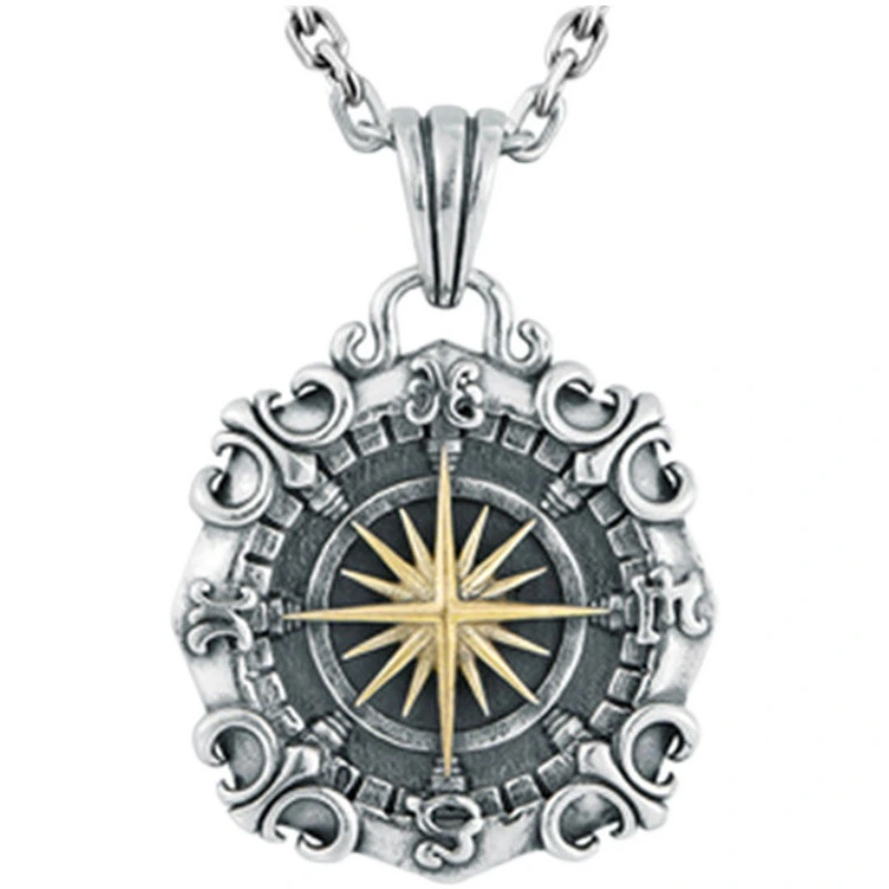 Silver Plated Necklace Men's Tide Brand Nautical Anchor Xinghai Compass