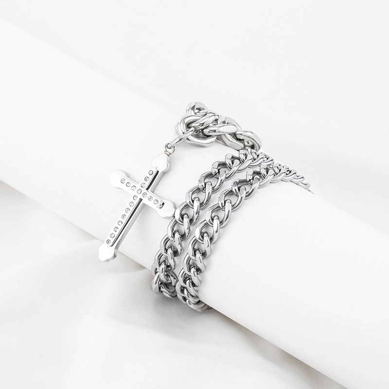 European And American Hip-hop Trend Titanium Steel Stitching Chain Diamond Cross Pendant