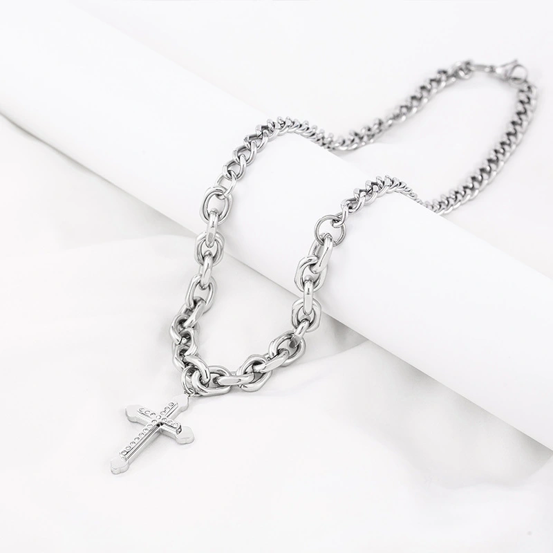 European And American Hip-hop Trend Titanium Steel Stitching Chain Diamond Cross Pendant