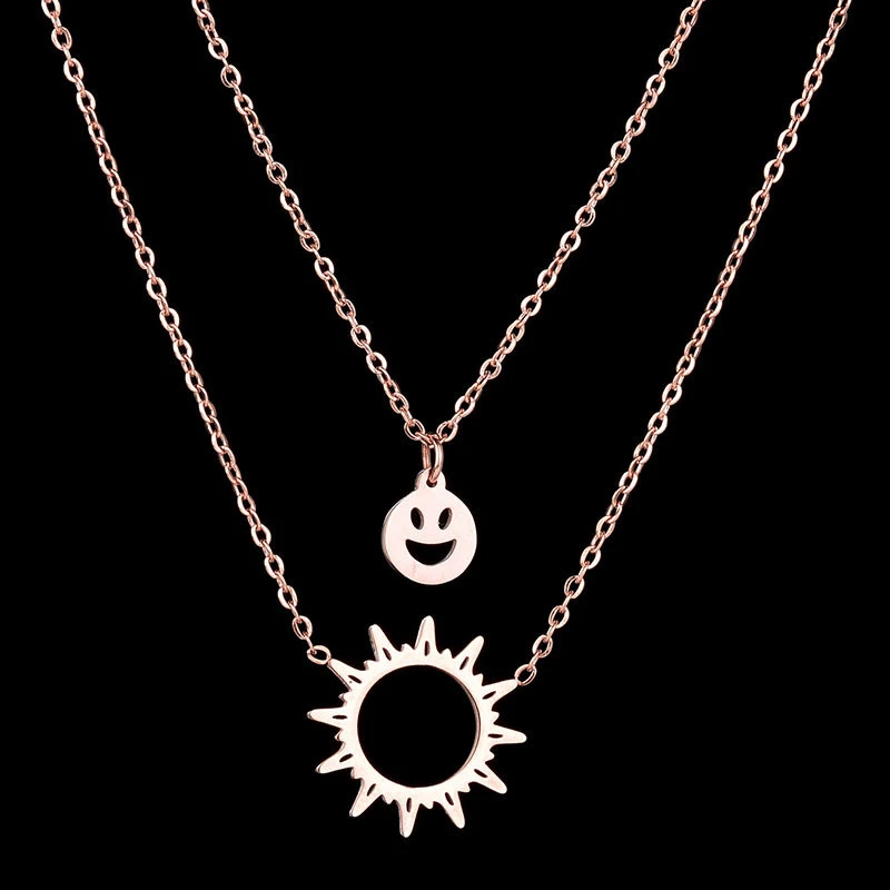 Japan And South Korea Simple Personality Hollow Evil Force Sun Pendant Smiley Face Multi-layer Chain