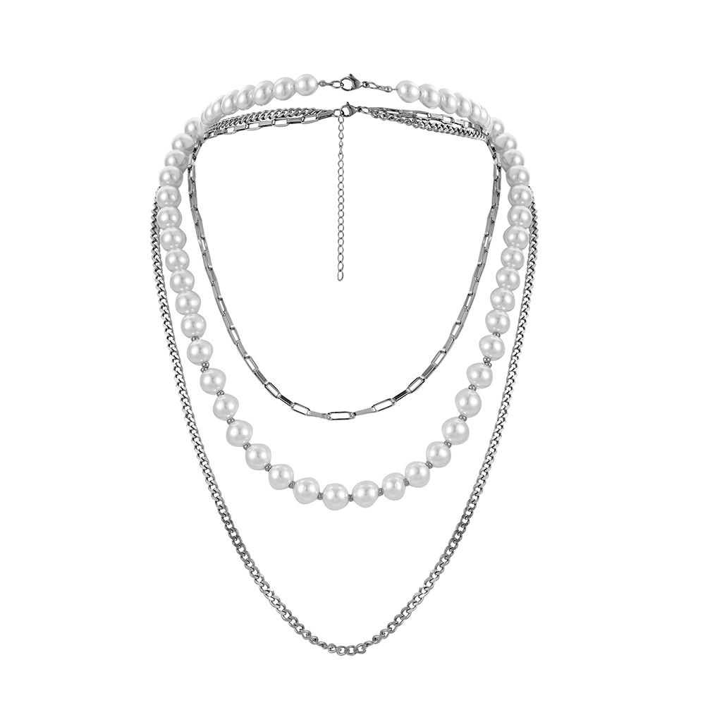 European And American Personality Fashion Multi-layer Stainless Steel Pearl Necklace