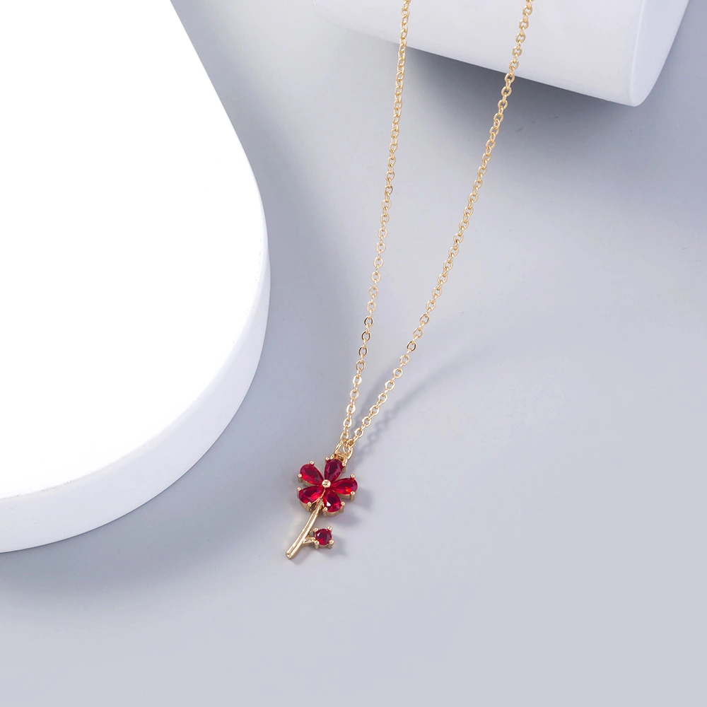 Red Flower Zircon Necklace Micro Inlaid Small Flower Pendant Jewelry Accessories