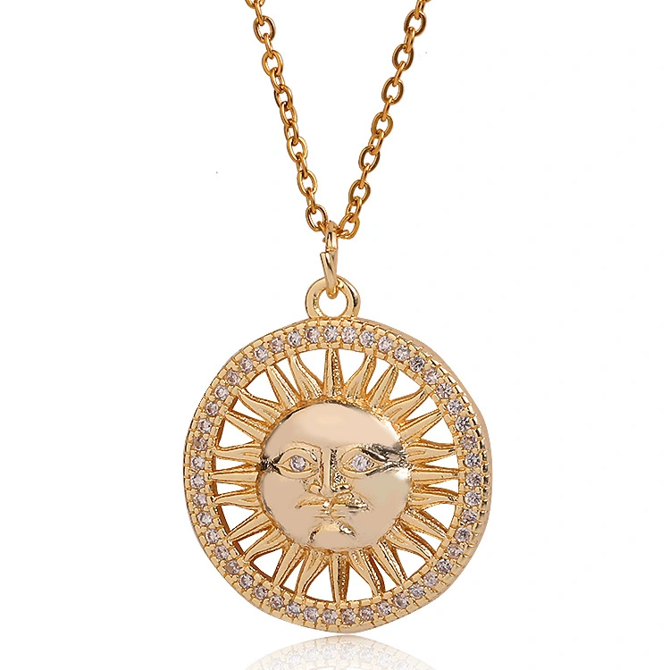 Gold Plated Geometric Round Sun Flower Pendant Sun Necklace