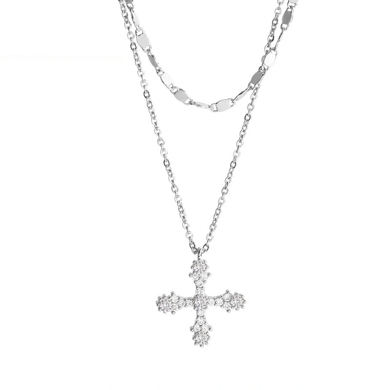 Double-layer Cross Diamond Necklace Female Ins Niche Design Lock