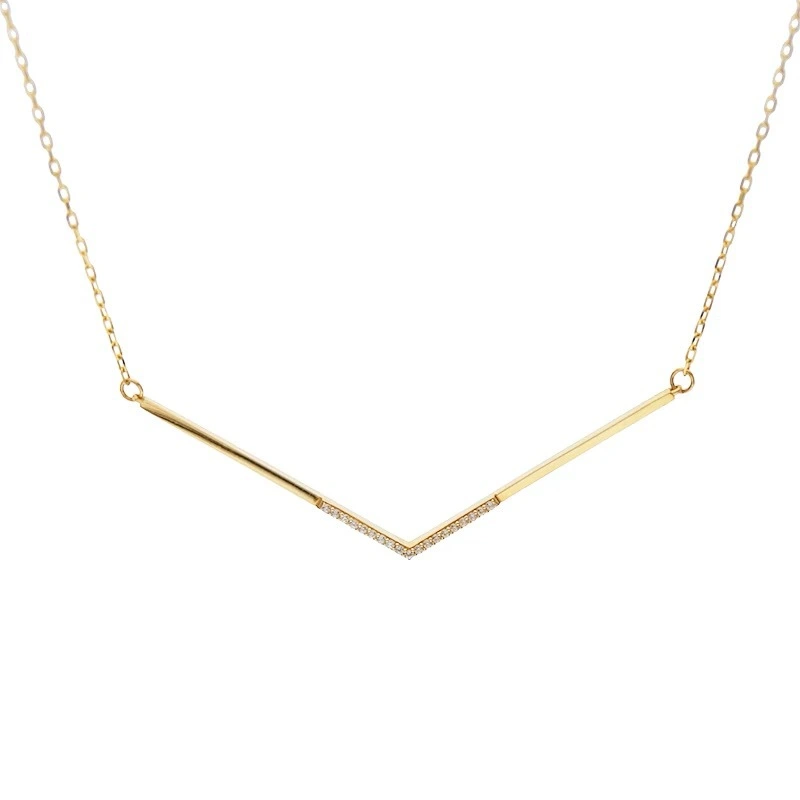 14K Gold Plated Necklace, Personalized Full Diamond Inlaid V-shaped Pendant Clavicle Chain Female