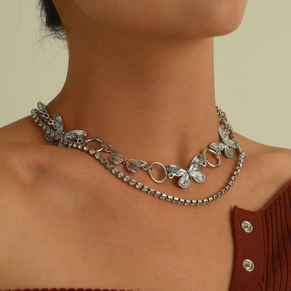 Double Layer Rhinestone Claw Chain Necklace Women