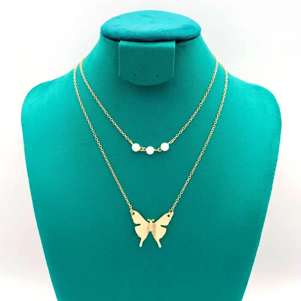 Women's Double Pearl Butterfly Necklace Retro