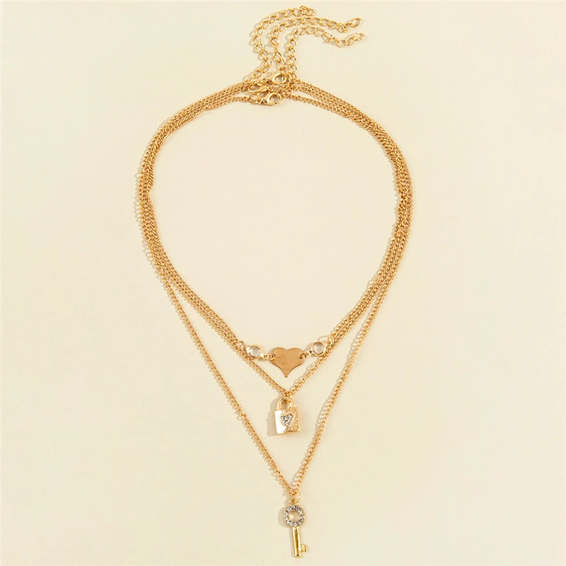 Geometric Key Lock-shaped Pendant Chain Love Heart Necklace Three-piece Set