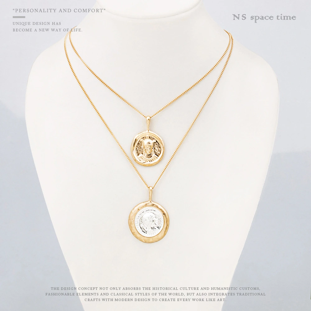 Clavicle Chain Ancient Coin Character Head Retro Necklace Double Layer