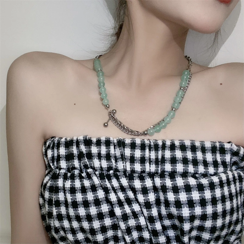 Small Design Sense Mint Green Glass Beaded Necklace Clavicle Chain Double Stitching Necklace