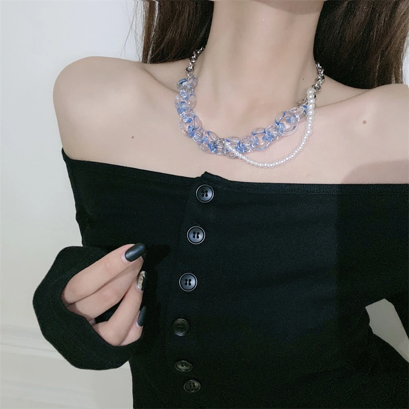 Transparent Blue Necklace Female Acrylic Pearl Chain Clavicle Chain Titanium Steel Non-fading Necklace