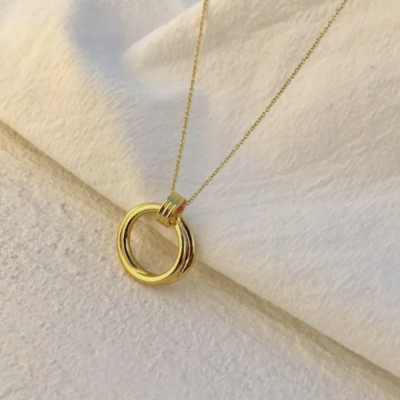 Golden Double Ring Wrap Circle Pendant Titanium Steel Necklace