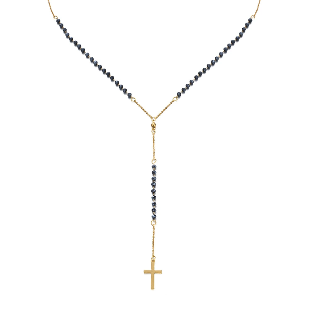 Cross Y-shaped Long Pendant Rosary Stainless Steel Handmade Jewelry Necklace