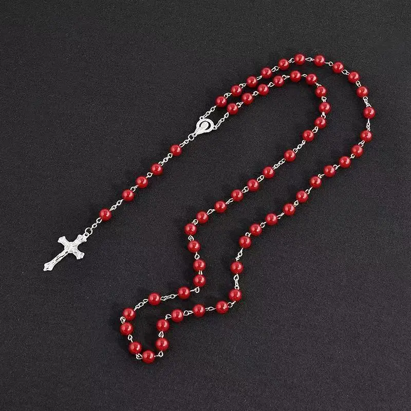 Imitation Pearl Cross Rosary Long Christian Necklace Unisex Sweater Chain