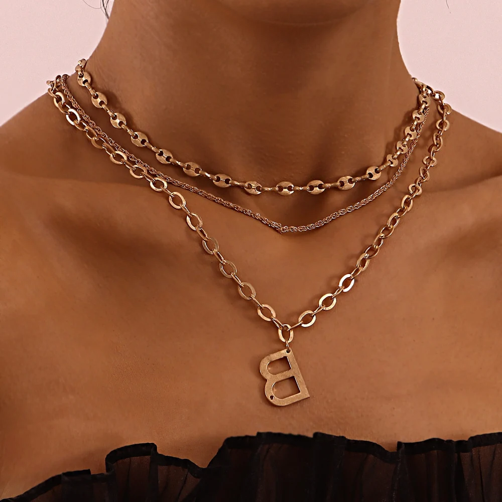 Personalized Exaggerated Multi-layer Necklace With Diamond Letter B Pendant