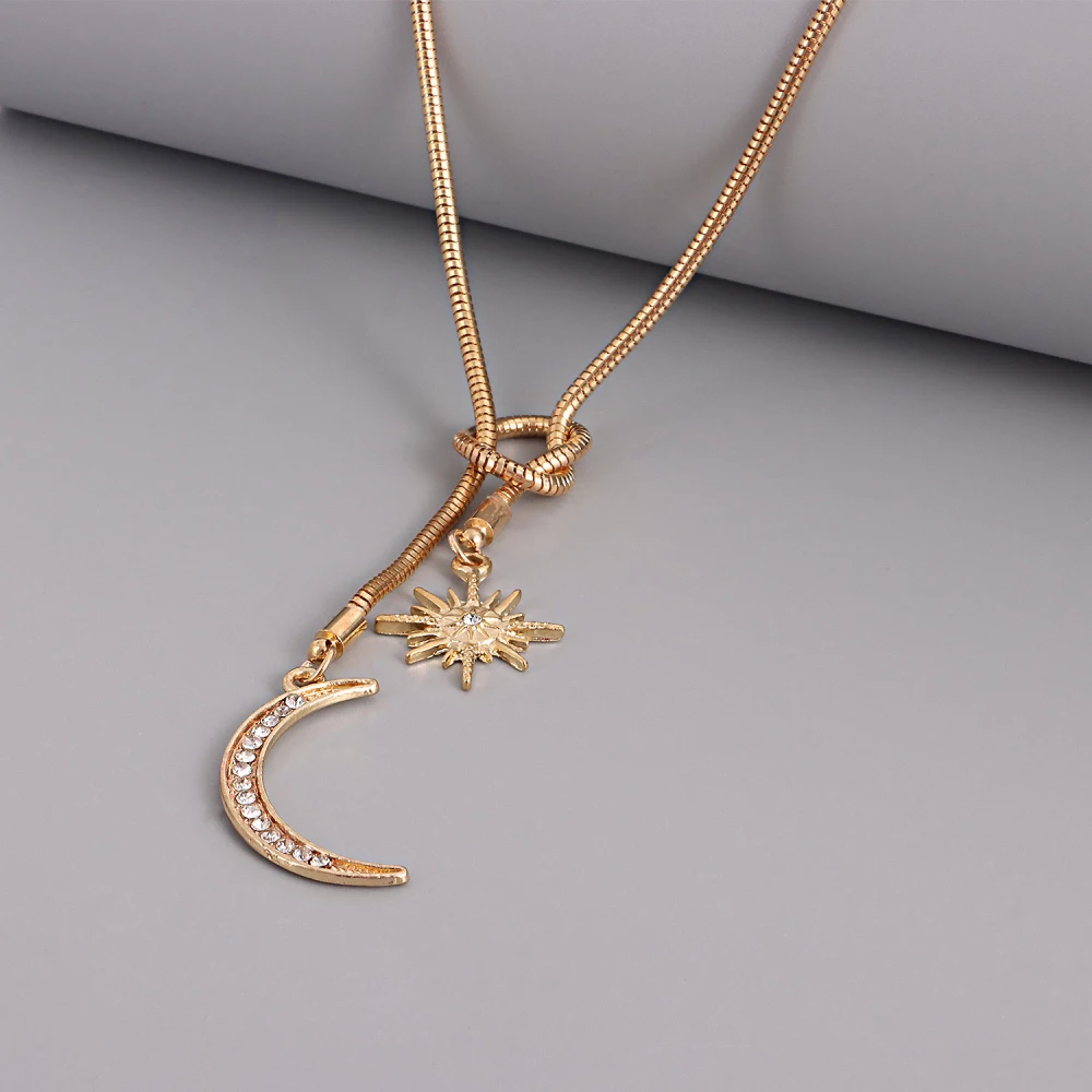 Simple Snake Bone Chain Sun Flower Diamond Crescent Pendant Necklace