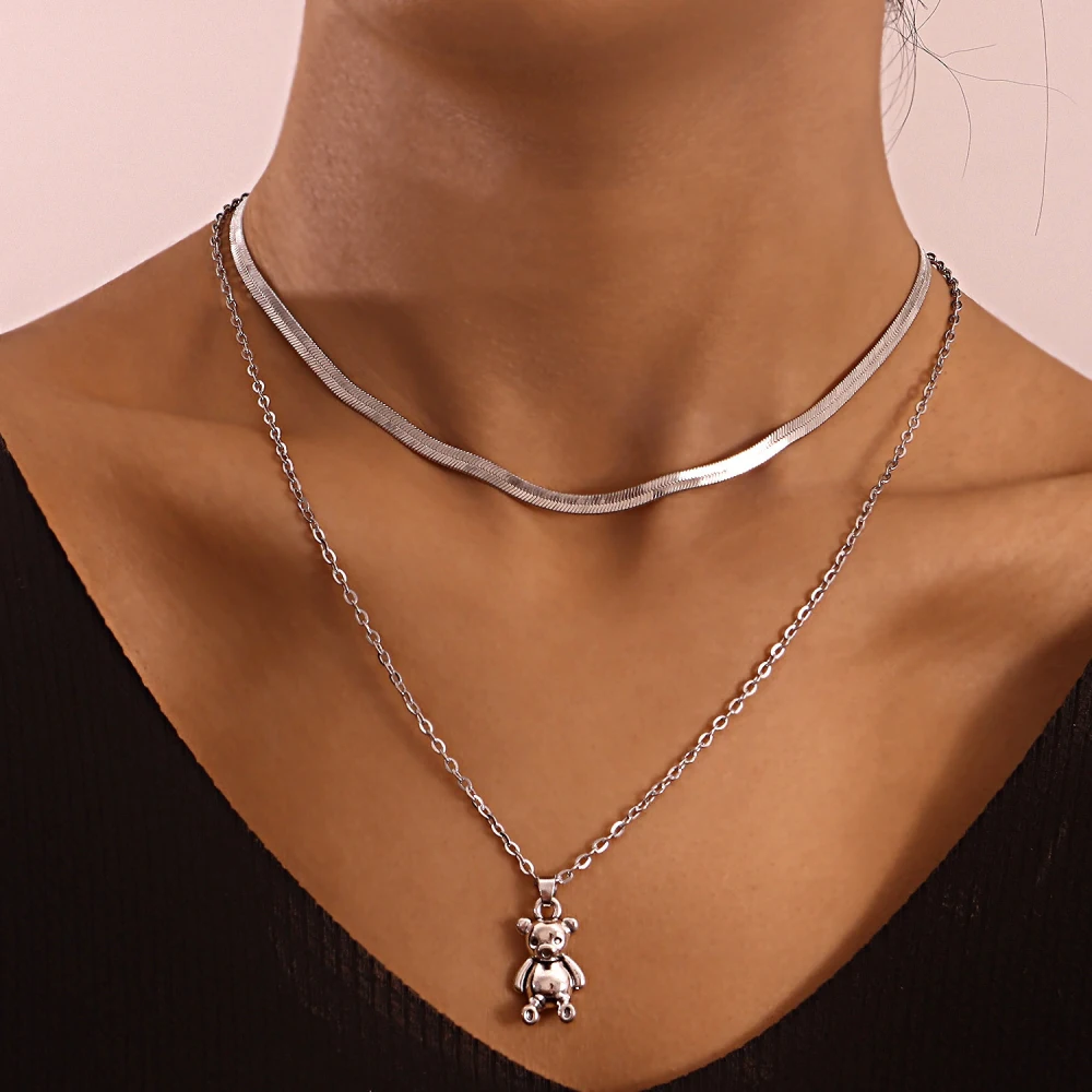 Double Snake Bone Chain Cute Bear Pendant Necklace