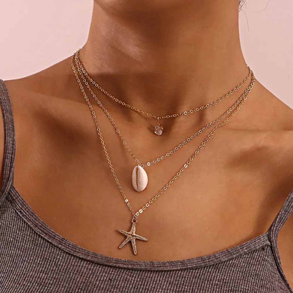 Multilayer Zircon Starfish Shell Pendant Necklace Women