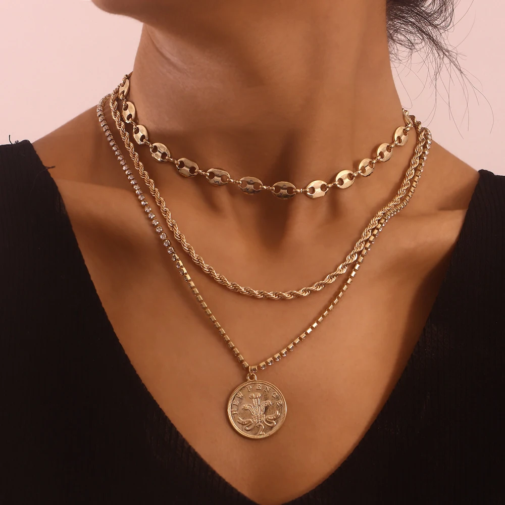 Multi-layer Twist Cuban Clavicle Chain Beauty Head Pendant Necklace