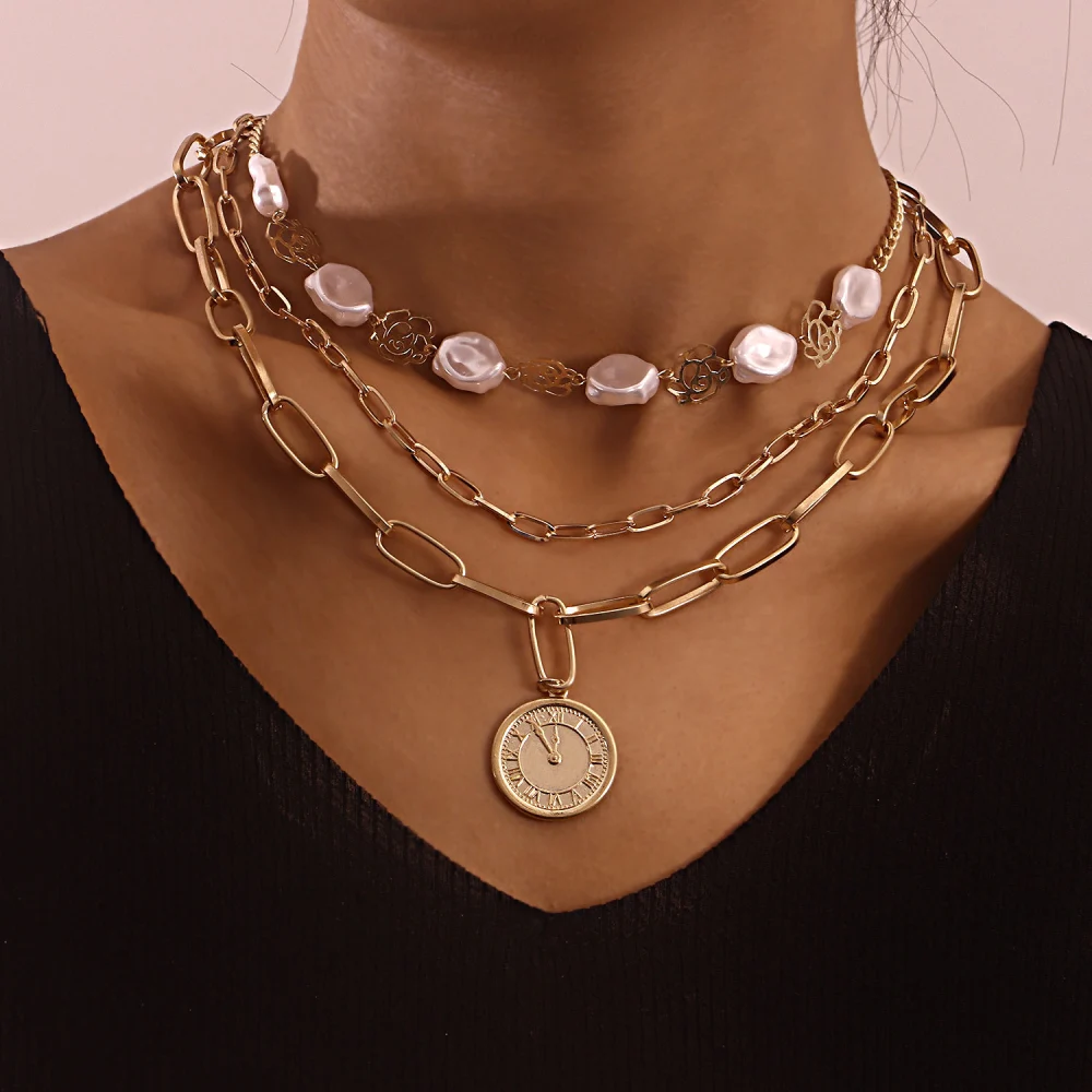 Multilayer Irregular Pearl Hollow Flower Clock And Coin Pendant Necklace