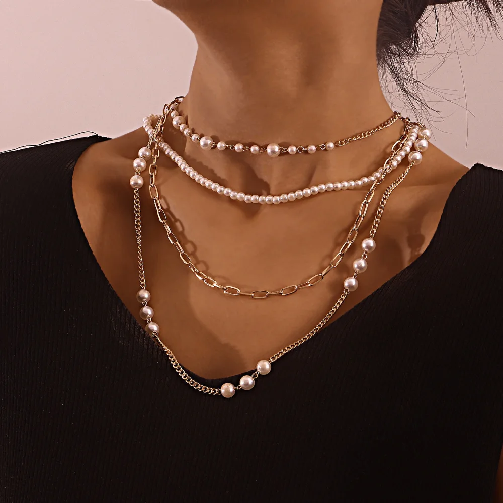 Multi-layer Bamboo Pearl Thin Chain Necklace Women