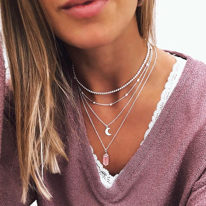 Boho Style 4-piece Combination Multi-layer Moon Pendant Necklace