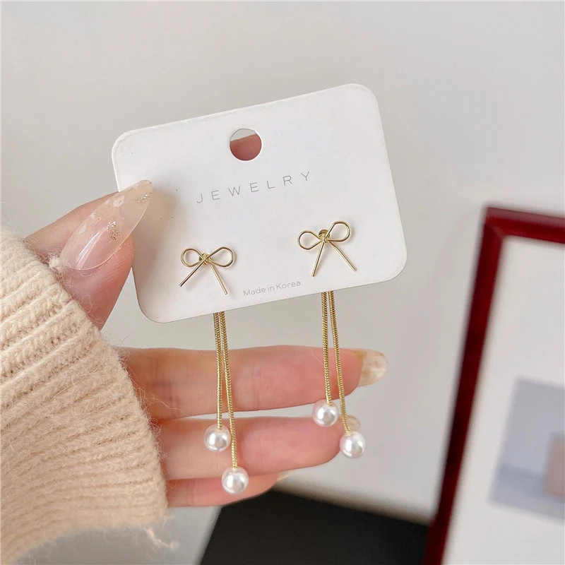 Silver Post Pearl Tassel Earrings Long Fashion Bow Stud Earrings