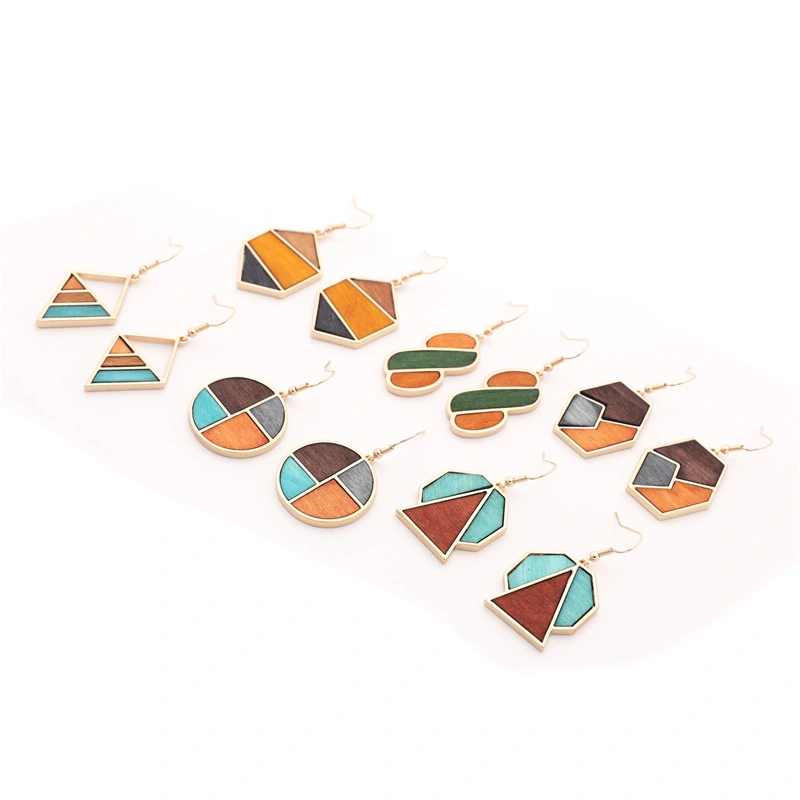 Hot Sale African Wood Earrings Geometric Contrast Color