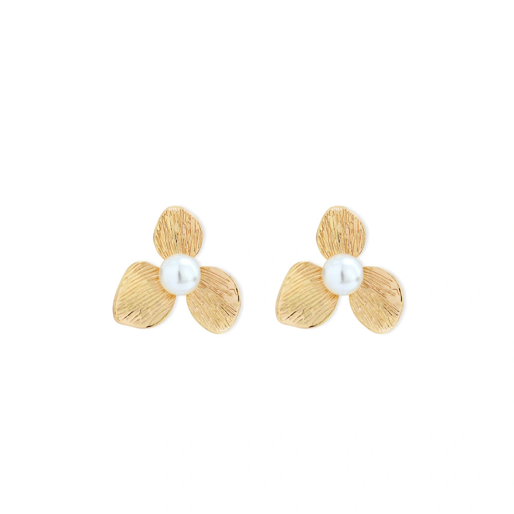 Earrings Pearl Female Ins Style Copper Plated Real Gold Simple Flower Earrings