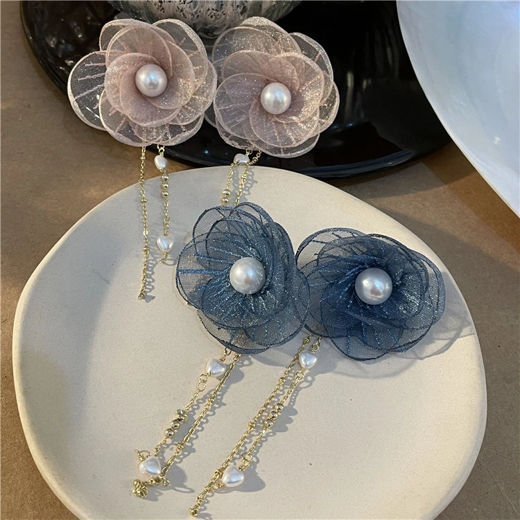 Long Tassel Organza Flower Pearl Earrings