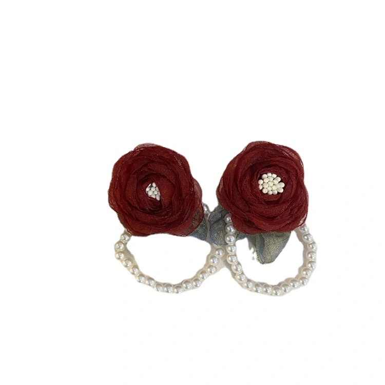 Vintage Retro Fabric Flower Pearl Earrings