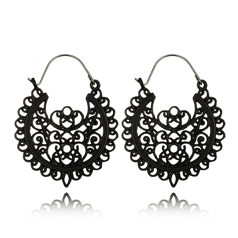 Hollow Carved Round Vintage Crescent Flower Basket Shape Alloy Earrings