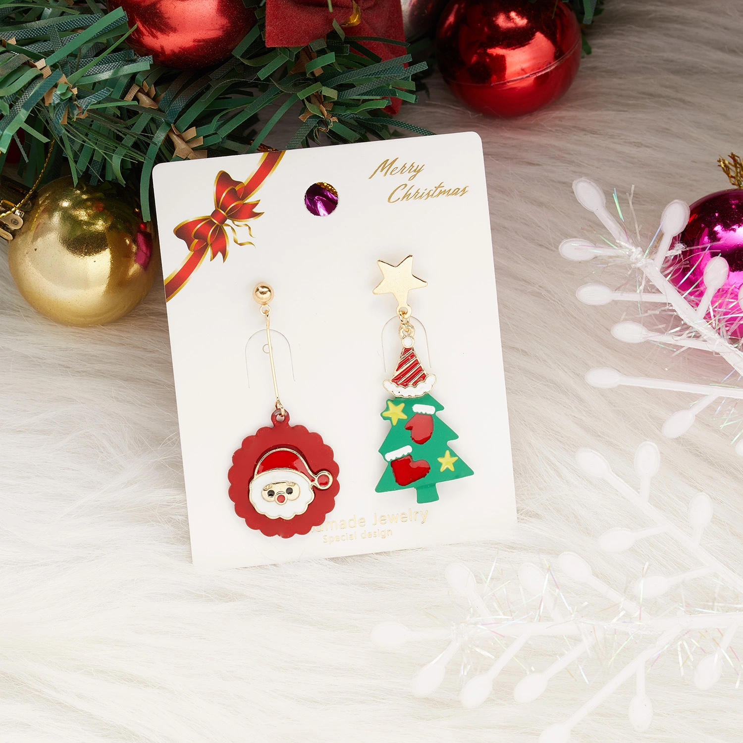 Fashion Soft Clay Santa Claus Christmas Tree Earrings Asymmetrical Earrings
